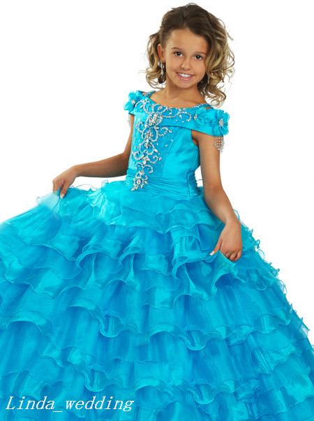 Blue Pink White Girl's Pageant Dress Princess Beaded Ruffles Party Cupcake Prom Dress For Short Girl Pretty Dress For Little Kid