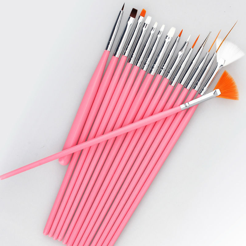Pink 15Pcs Design DIY Acrylic Painting Tool UV Gel Pen Polish Nail Art Brush Set #R56