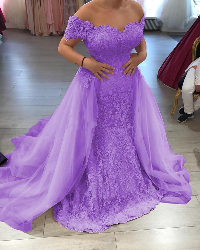 Plus Size Lace Mermaid Evening Dresses Off Shoulder Dark Red Champagne Lavender Silver Lilac Evening Gowns Sweep Train Removable TrainZipper