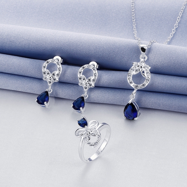Wedding fashion 925 silver necklace earring ring a famliy of three jewelry three drop sets STSS091B sterling silver purple gemstone rings
