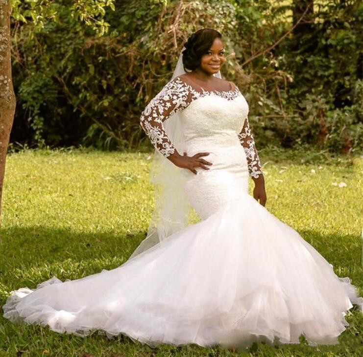Vintage Charming Plus Size Mermaid Dresses Sheer Neck Full Lace Long Illusion Sleeves Court Train Wedding Bridal Gowns
