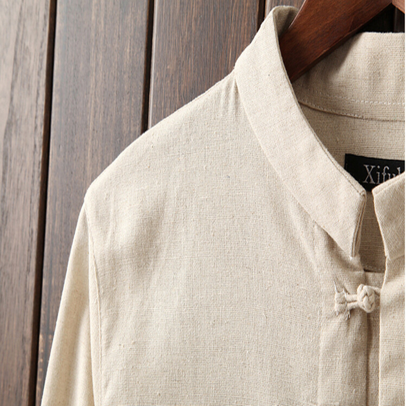 Men's Casual Shirts New Autumn Fashion Brand Men Thanks Flax Pure Color Man's Shirt Seven Chinese Style Shirt Sleeve grey Beige Blue Army