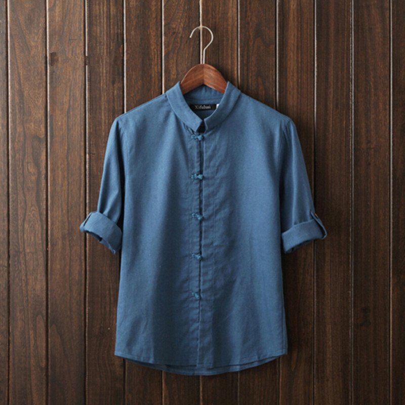 Men's Casual Shirts New Autumn Fashion Brand Men Thanks Flax Pure Color Man's Shirt Seven Chinese Style Shirt Sleeve grey Beige Blue Army
