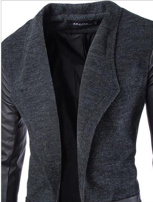 Free shipping 2016 New Fashion Korean Style Men's Jacket Leather Cloth Sleeve Placket Long Coat Slim Woolen Coat Top Sales