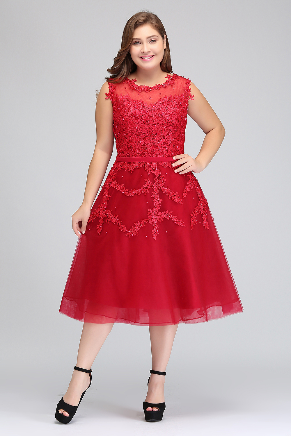 Real Image Plus Size Red Lace Short Cocktail Dresses Tulle Lace Beaded Knee Length A Line Formal Party Evening Dresses CPS298