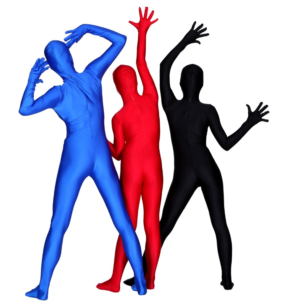 Wholesale-Black Womens Full Body Open Face Lycra Spandex Zentai Suit Costume Zipper Long Sleeve Hood Unitard with Feet and Hands