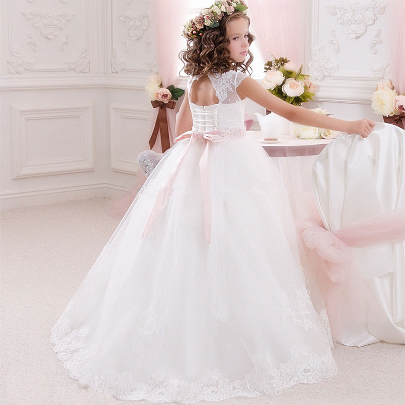 Princess Ball Gown White Lace Flower Girls Dresses For Weddings Cheap Tulle Belt Bow Knot Custom First Communion Dress Gown