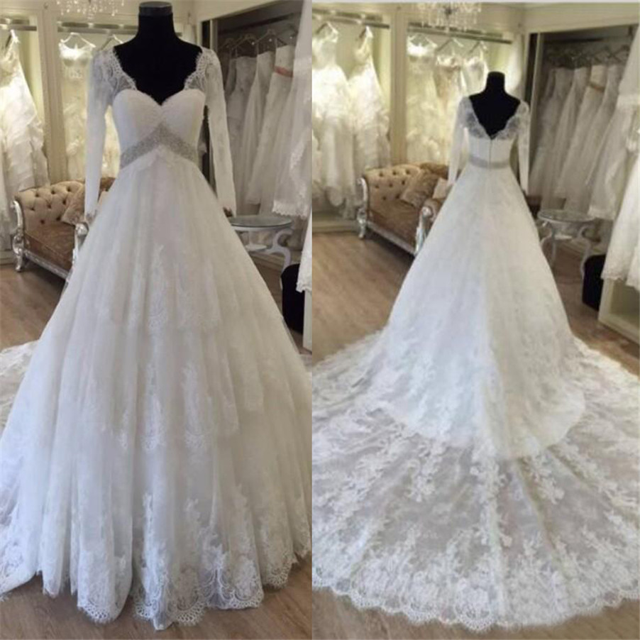 Modest V Neck Beaded Sash Chapel Train Bridal Gowns Custom Made Plus Size Exquisite Lace Long Sleeves Wedding Dresses, Champagne 
Modest V Neck Beaded Sash Chapel Train Bridal Gowns Custom Made Plus Size Exquisite Lace Long Sleeves Wedding Dresses, Champagne
