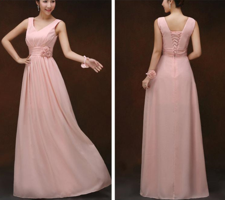 Pleated Long Chiffon Bridesmaid Dress Nude Pink Floor Length A Line Bridesmaid Gowns Lace Up