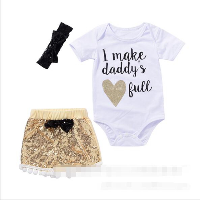INS Letters Girl Rompers Suit Children Short Sleeve Triangle Rompers Sequins Shorts Bowknot Hair Band 3pcs Sets Baby Clothing 7 Style DHT191