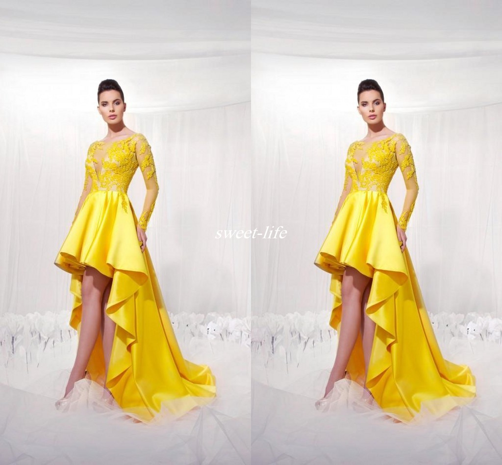 Yellow Formal Evening Dress Homecoming Dresses Illusion Long Sleeves Modest 2020 Applique High Low Prom Party Gowns, Ivory
Yellow Formal Evening Dress Homecoming Dresses Illusion Long Sleeves Modest 2020 Applique High Low Prom Party Gowns, Ivory