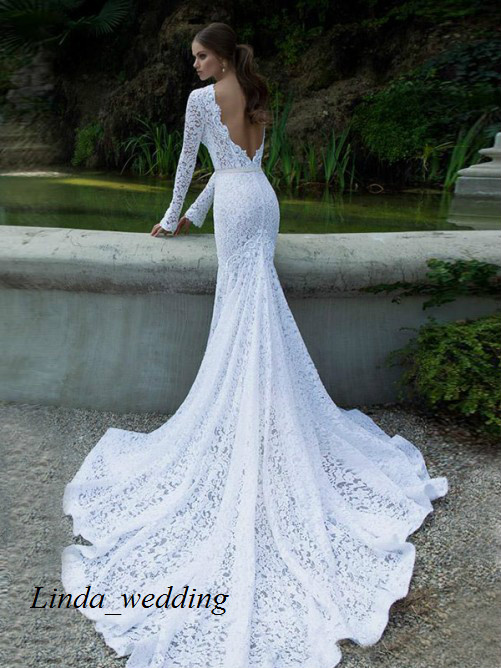 Free Shipping New High Quality Trumpet Mermaid Long Sleeves Chapel Train Lace Backless Wedding Dresses Bridal Gowns