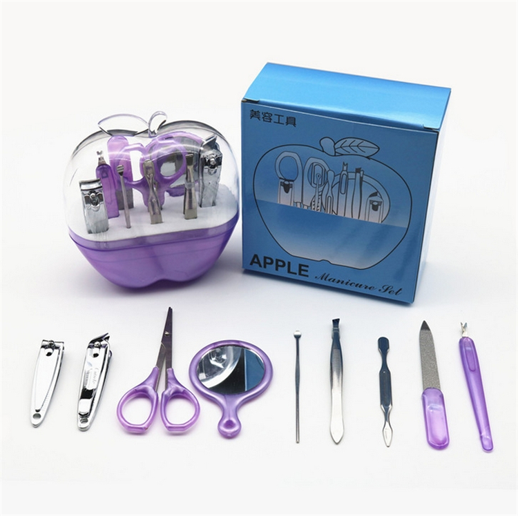 Wholesale-9pcs Apple Makeup Manicure Set & Kit Nail Scissors Nail File Cuticle Pushers Eyebrow Scissors Ear Pick, Nail Tools 2916-2