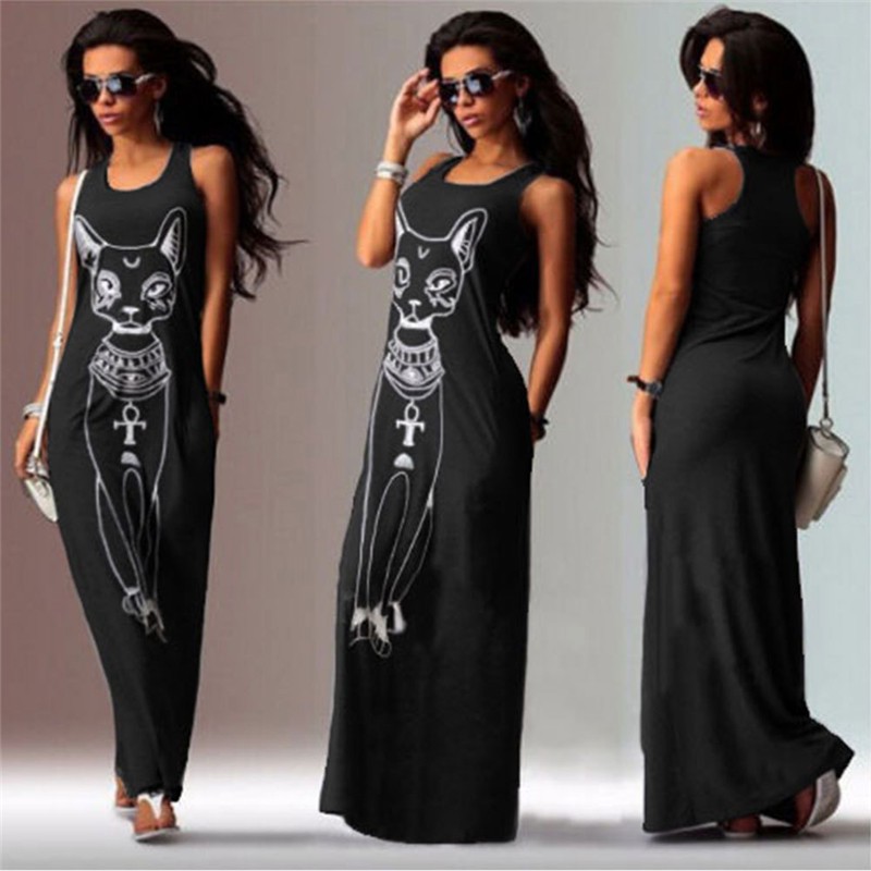 Sexy Evening Party Dresses Women 2016 Summer Dress Vestidos Wine Red Black Sexy Cartoon Cat Print Boho Long Maxi Beach Dresses