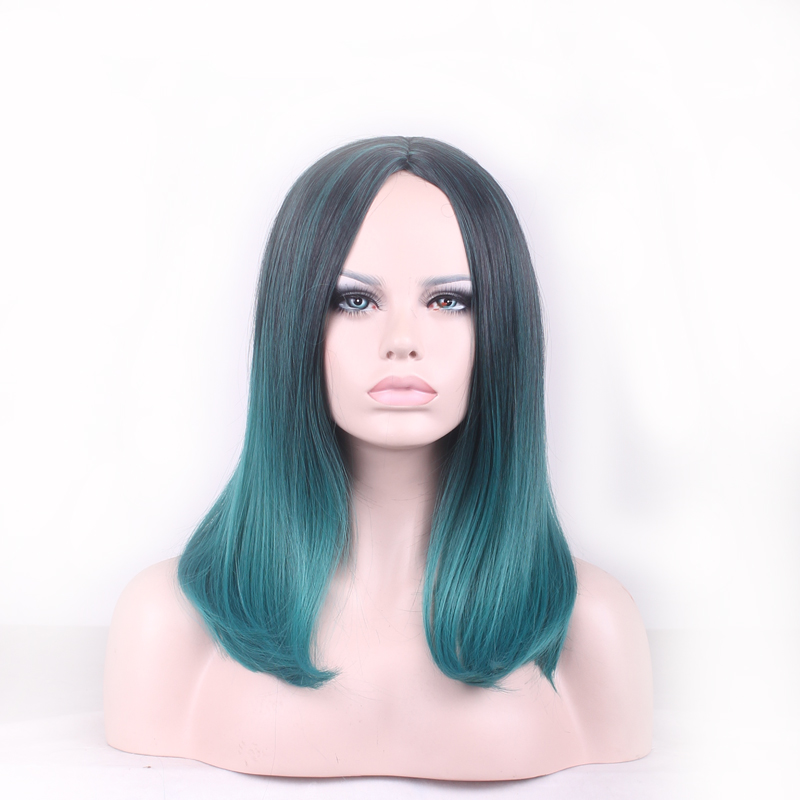 

WoodFestival Ombre Dark Green Black Straight Short Bob Wig Women Fiber Synthetic Wig Turquoise Heat Resistant Hair Wigs 18 inches, Ombre color