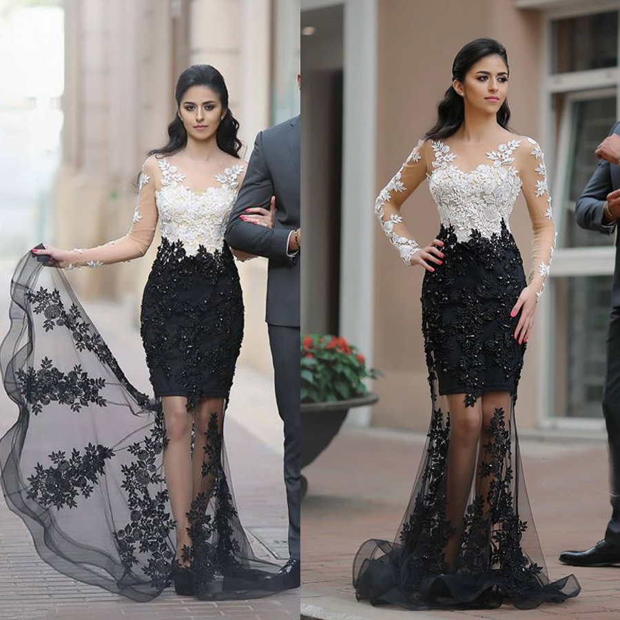 Mermaid White-Black Lace-Appliques Sheer Long-Sleeves Beading Prom Dresses V-neck Sheer Long Evening Dress vestidos de fiesta baratos, Gold
Mermaid White-Black Lace-Appliques Sheer Long-Sleeves Beading Prom Dresses V-neck Sheer Long Evening Dress vestidos de fiesta baratos, Gold