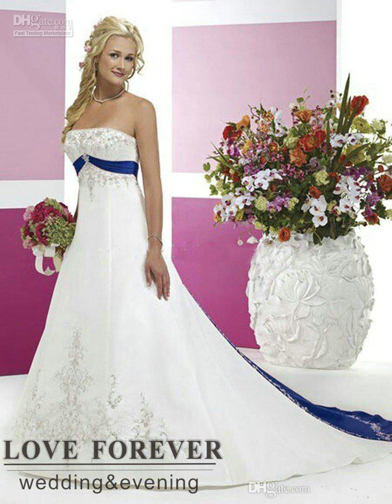 2020 New Silver Embroidery On Satin White and Royal Blue Floor Length Bridal Gowns Custom Made Vintage Style Plus Size Wedding Dresses 025