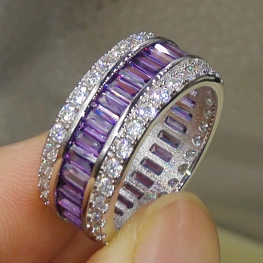 Wholesale Professional Luxury Jewlery Princess Cut 925 Sterling Silver Amethyst Gemstones CZ Diamond Wedding lover Band Ring Gift Size 5-11