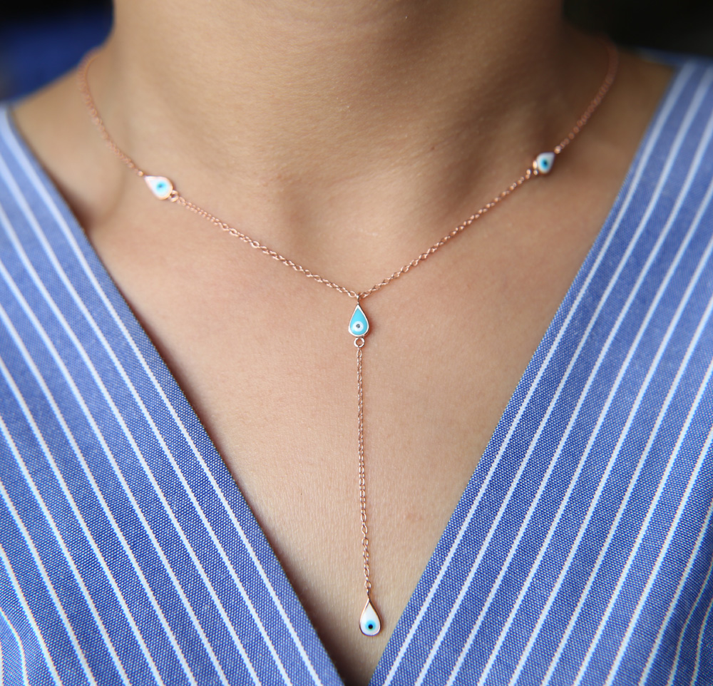 factory fine 925 sterling silver ocean blue enamel evil eye danity delicate thin chain sexy women lariat necklace