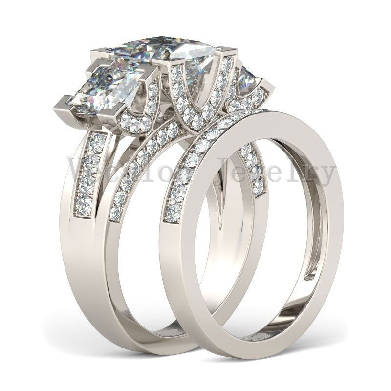 Vecalon Jewelry Engagement ring Princess cut Three-stone Simulated diamond Cz 925 Sterling Silver wedding Band ring for women