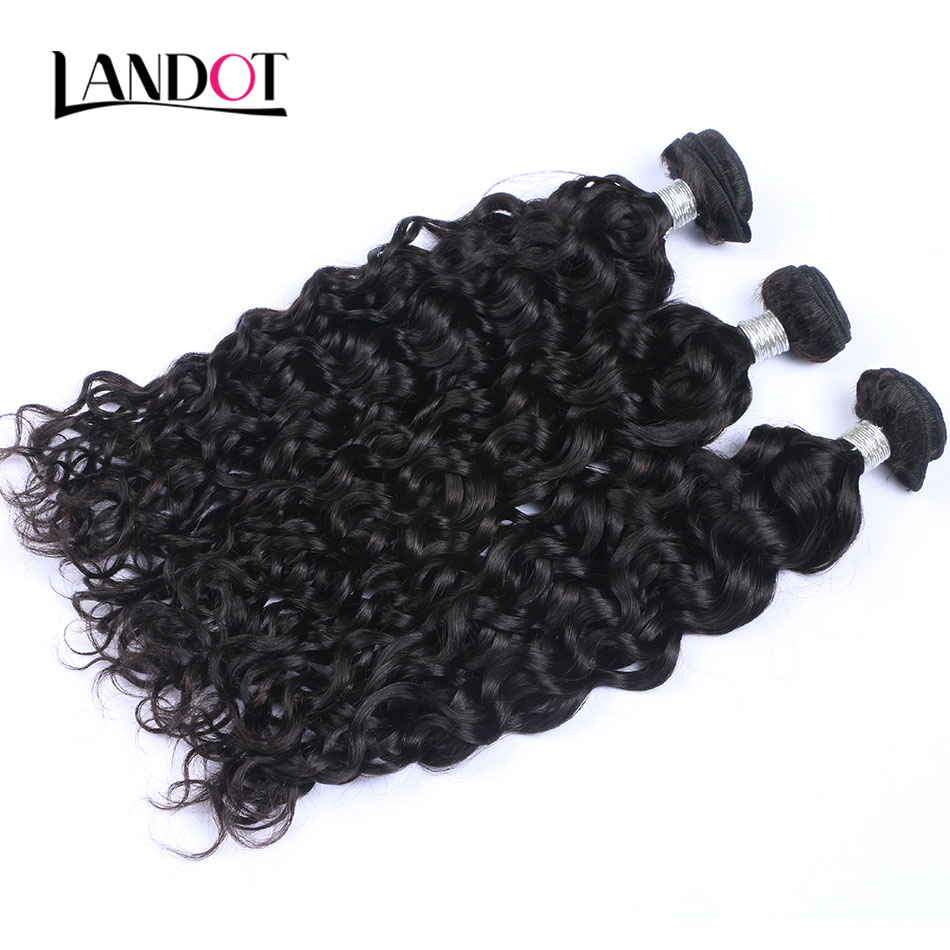8A Brazilian Virgin Human Hair Weaves Bundles With Lace Closures Peruvian Indian Malaysian Cambodian Water Wave Wet And Wavy Natural Hair