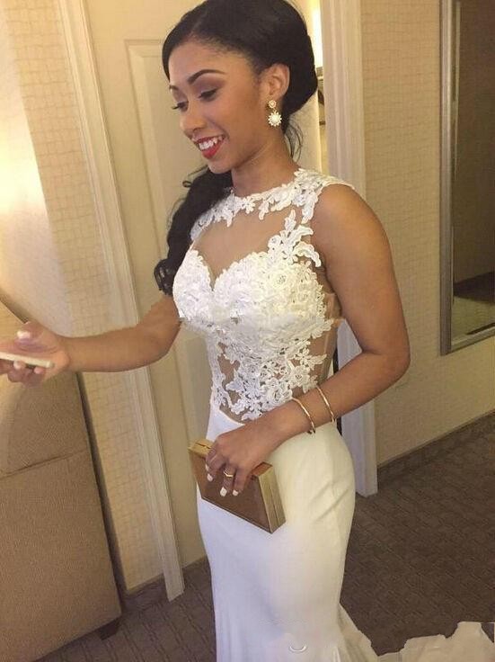 Evening Dresses Wear 2016 Jewel Neck White Lace Appliques 2K16 Prom Dress Mermaid Illusion Sheer Back Long Court Train Formal Party Gowns