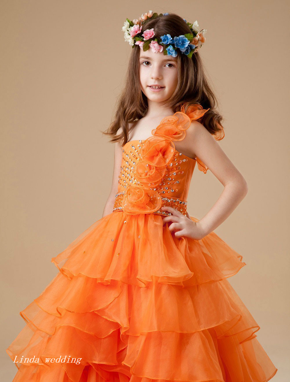 Cute Orange Colour Girl's Pageant Dress Princess Ball Gown Party Cupcake Prom Dress For Short Girl Pretty Dress For Little Kid