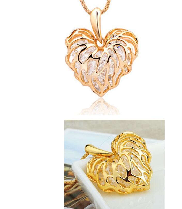 Hollow Love Heart Leaves Zircon Bracelet Necklace Peach Heart Necklace