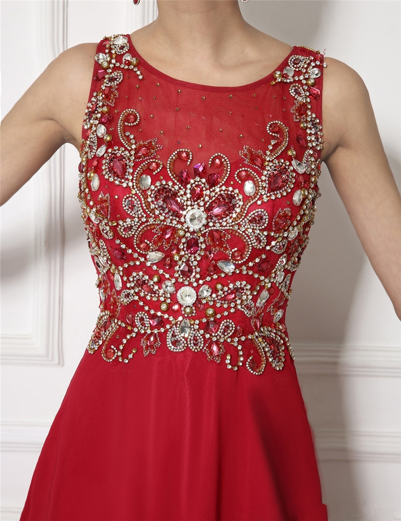 2017 Sexy Red Scoop Crystal A-Line Formal Evening Dresses With Backless Chiffon Floor-Length Plus Size Prom Party Celebrity Gowns BE13