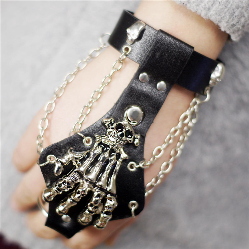 Wholesale-Unisex Cool Punk Rock Gothic Skeleton Skull Hand Glove Chain Link Wristband Bangle Leather Bracelet S244