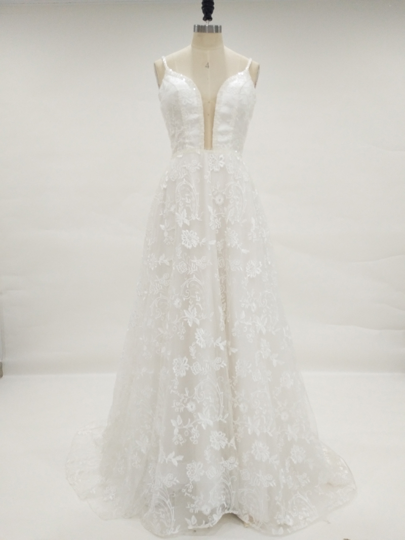 Romantic 2017 Real Photo Lace Spaghetti Wedding Dresses Cut-Out Back Lace Up Sheer Deep V Neck Long Bridal Gowns Custom Made China EN81814