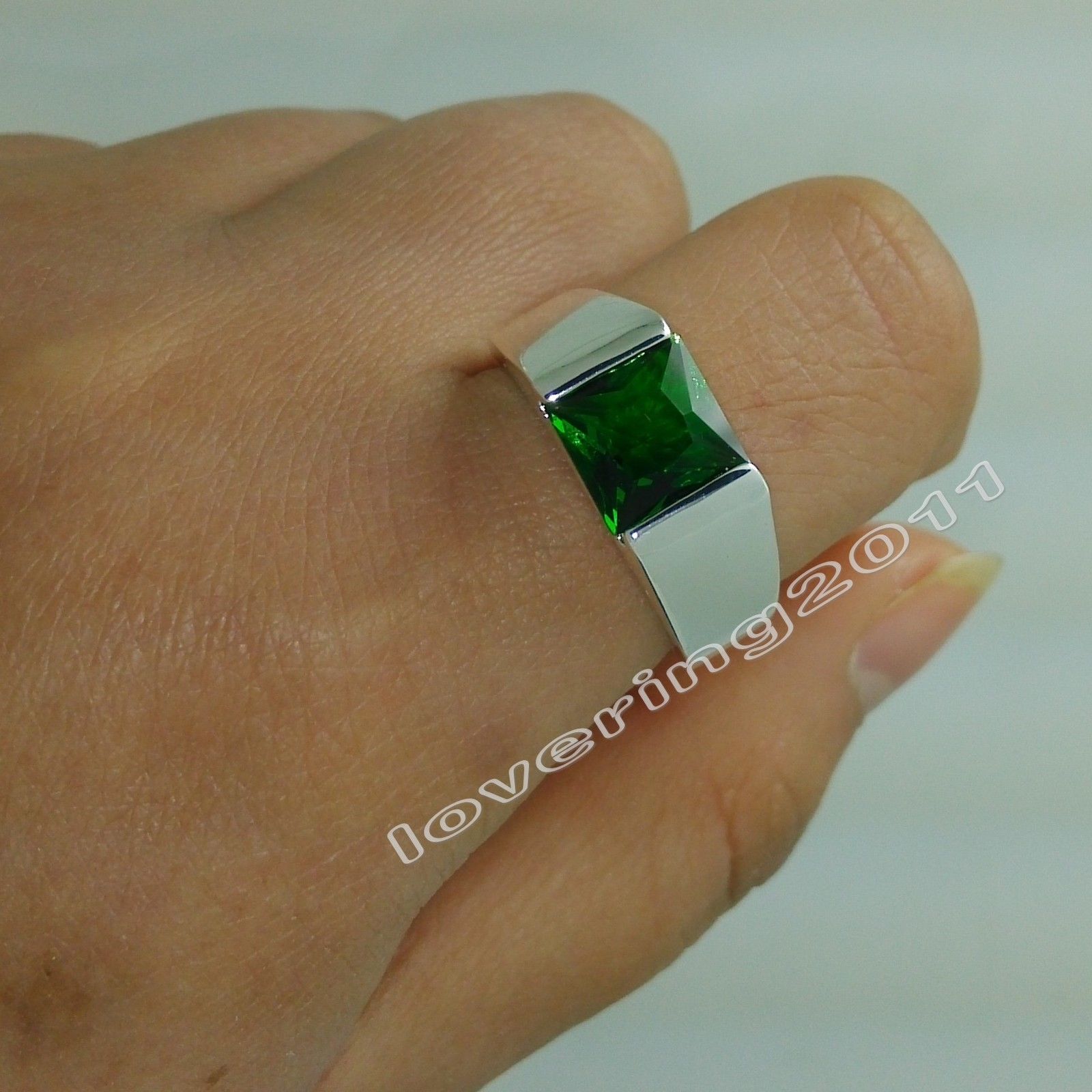 Size 8-11 Popular Luxury jewelry Handmade Men Solitaire Princess cut 4ct Emerald Simulated Diamonnd 925 silver Wedding Band Rings love gift