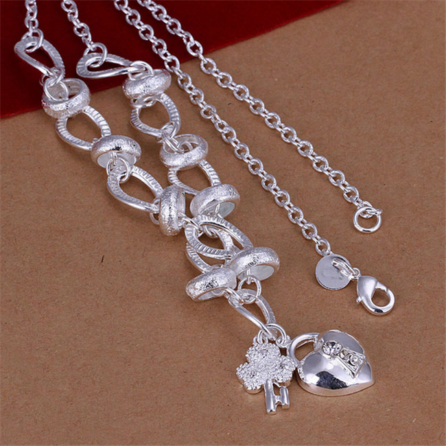 Hanging insets heart lock, flower spoon necklace sterling silver plate necklace STSN190,fashion 925 silver Chains necklace factory sale
