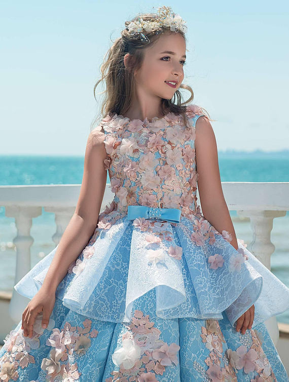 Luxury Flower Girl Dresses For Wedding Blue Ruffle 3D Floral Applique Beads Girl's Pageant Dress Sweep Train Birthday Best Gift For Baby