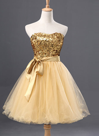 Gold Sequin Tulle Ball Gown Cocktail Dress Short 2016 New Sweetheart Knee Length Party Dress Elegant