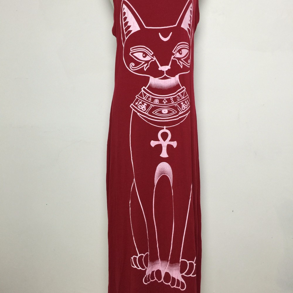 Sexy Evening Party Dresses Women 2016 Summer Dress Vestidos Wine Red Black Sexy Cartoon Cat Print Boho Long Maxi Beach Dresses