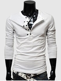 Hot men's spring and autumn Double-breasted pure color slim cotton t shirt 5 color 4 size