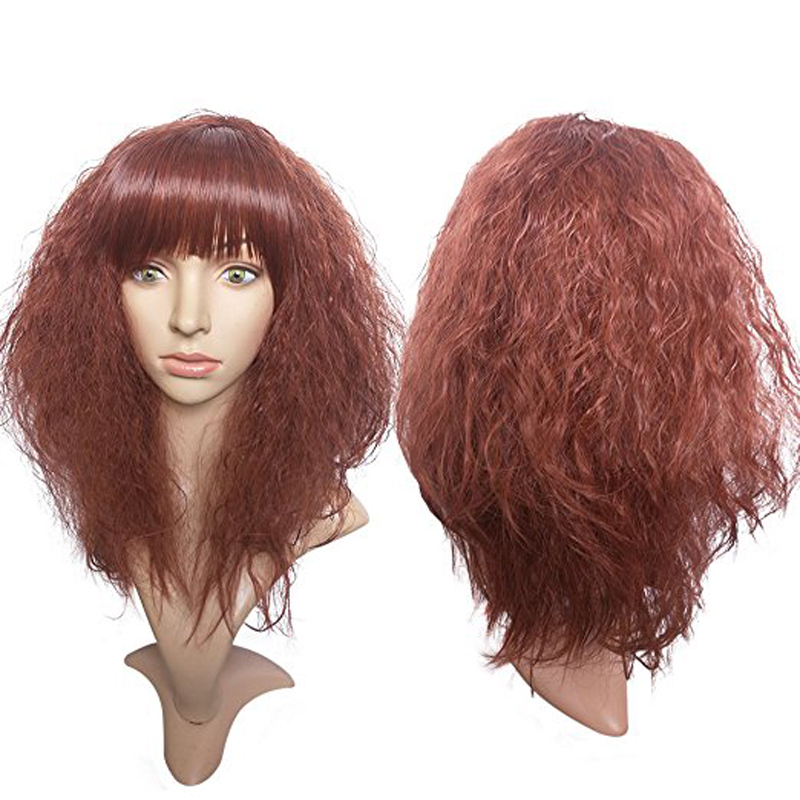 Free shiping Cosplay Wigs for Women Long Synthetic Wavy Curly Reddish Brown Wig with bangs