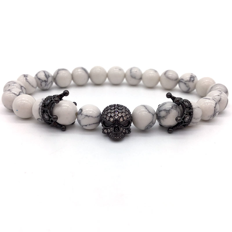 Fashion brand natural Beads Strand PULSERA Pave CZ skeleton cráneo black White Turquoise , Piedra, ROCA Hombres de energ í a Europeo joyería