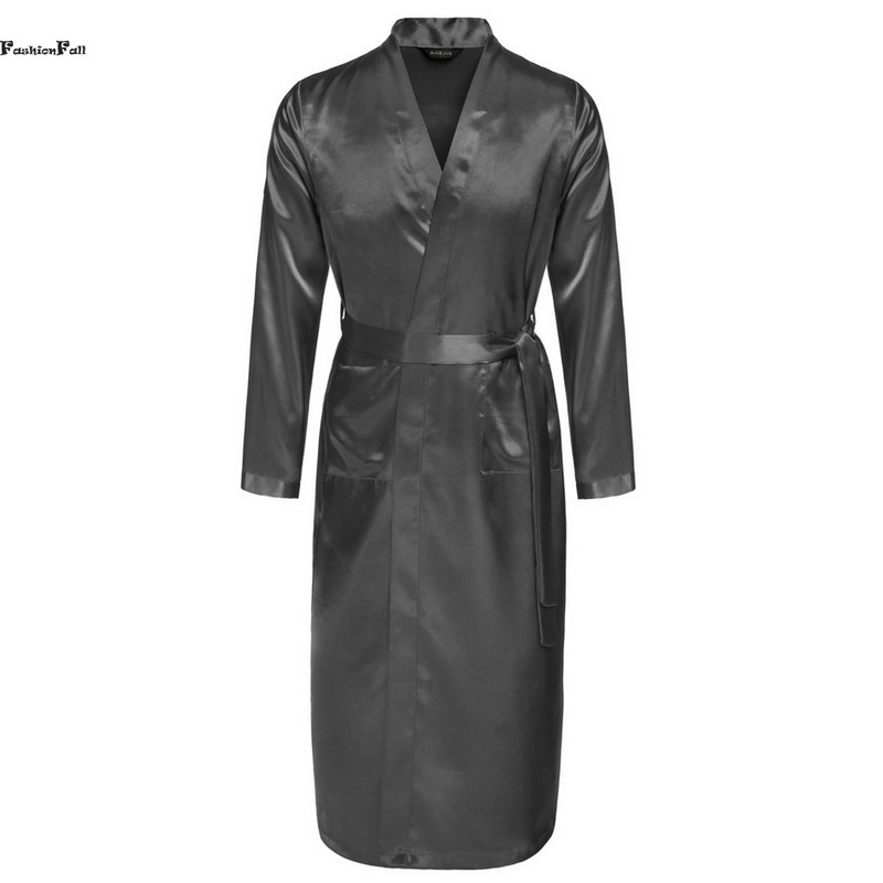 Wholesale-Mens Summer Robes Solid V-neck Kimono Bathrobe Long Satin Robe Sleepwear Adjustable Waistband Peignoir Homme Albornoz Hombre ZD