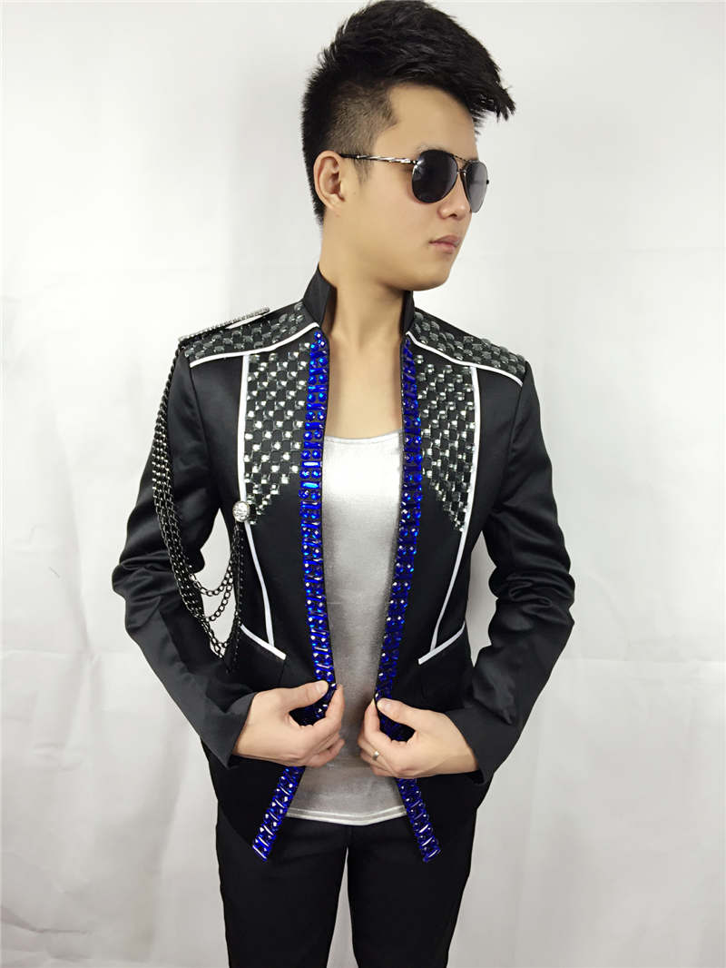 male diamonds jackets blue red black Rhinestone blazer outwear coat singer dancer performance nightclub bar groom bar fashion custumes