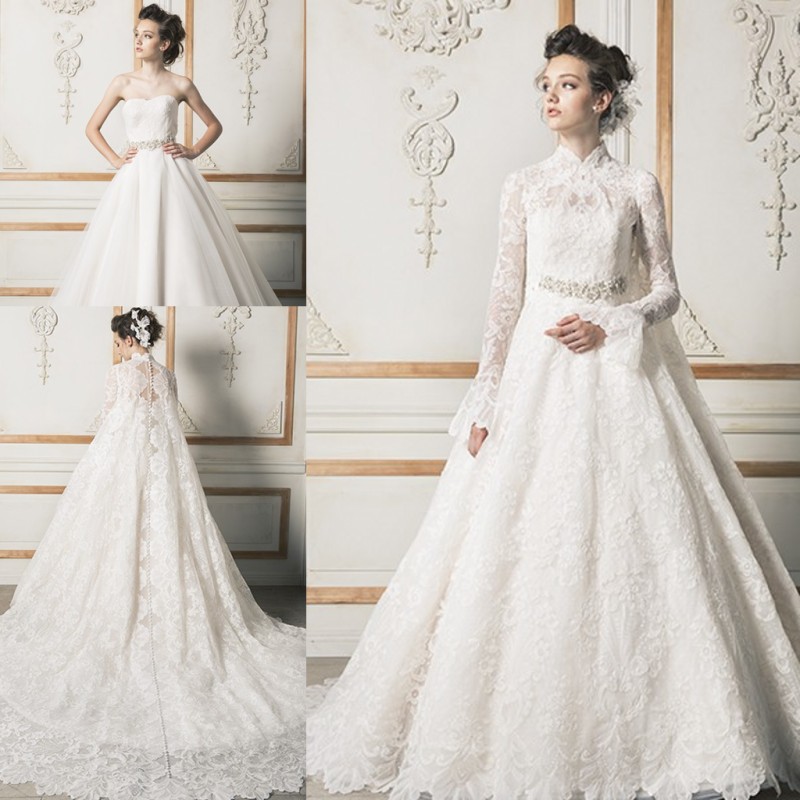 New Design Sweetheart Wedding Dresses With Lace Long Sleeves Jacket 2017 High Neck Crystals Beaded Sweep Train Bridal Gowns Custom Made, Ivory
New Design Sweetheart Wedding Dresses With Lace Long Sleeves Jacket 2017 High Neck Crystals Beaded Sweep Train Bridal Gowns Custom Made, Ivory