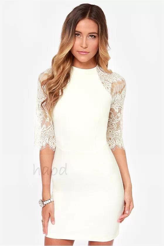 Sexy Sheath High Neckl Short Cocktail Dresses Zipper Back Lace Party Dresses Half Sleeve Prom Formal Evening Dresses In Stock