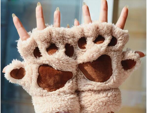 Ladies Winter Fingerless Gloves,Fluffy Bear Cat Plush Paw Claw Half Finger Glove,Soft Half Covered Women Female Gloves Mittens