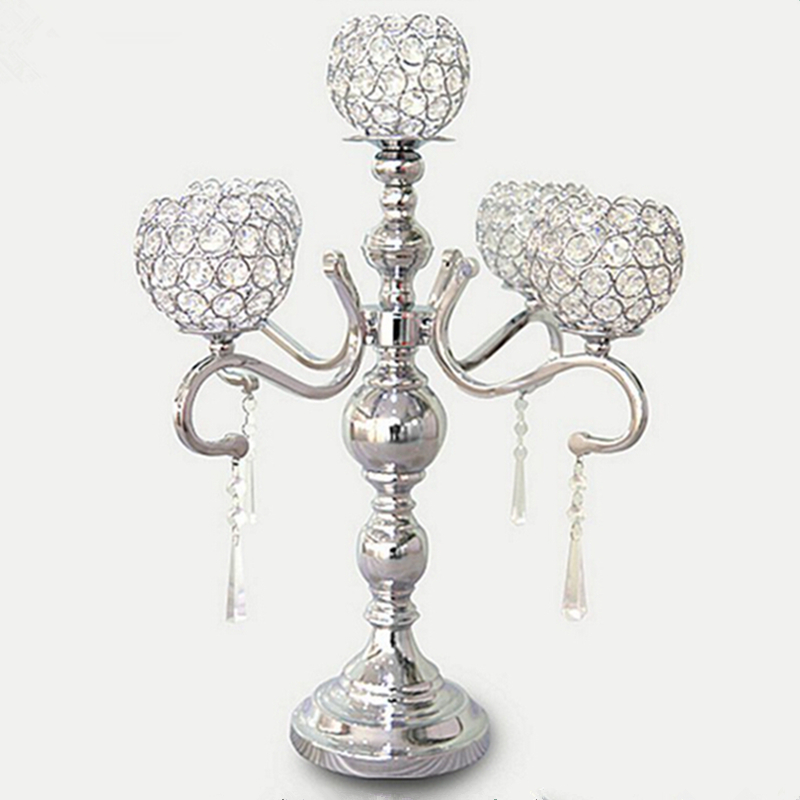 55 cm height 5-arms metal Gold/ Silver candelabras with crystal pendants wedding candle holder Event centerpiece 10 pcs/lot