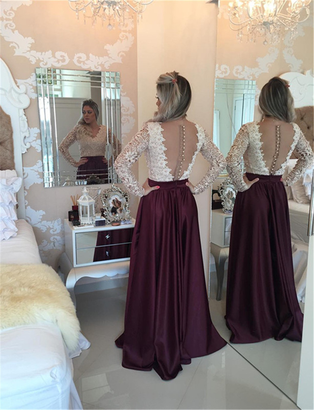 Stunning Long Sleeve Lace Pearls Prom Dresses Long Party Gowns Illusion Back Long Evening Dress vestido festa curt, Light purple
Stunning Long Sleeve Lace Pearls Prom Dresses Long Party Gowns Illusion Back Long Evening Dress vestido festa curt, Light purple