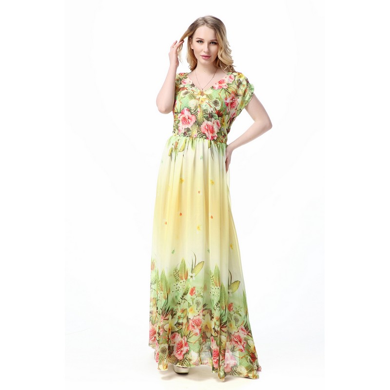 Big Size Maxi Dresses L-5XL Women's Long Chiffon Floral Print Beach Dress Short Sleeve Sexy Elegant Bohemian Dress