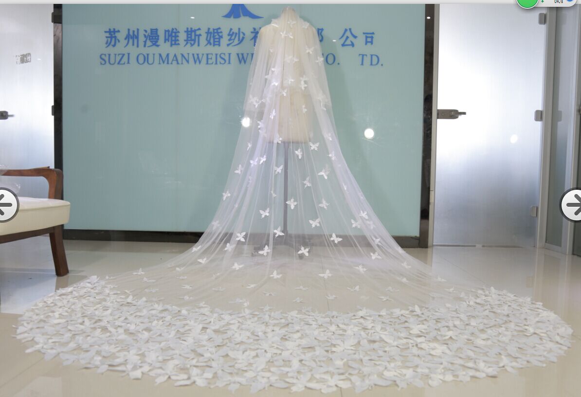 2019 Long Wedding Veils Real Images Tulle Lace Butterfly Appliques Bridal Accessories Two Layers Butterfly Bride Veils Free Shipping