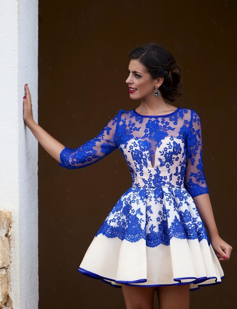 2019 Short Cocktail Dresses Popular Royal Blue Lace Women Evening Dresses Party Prom and Homecoming Dresses