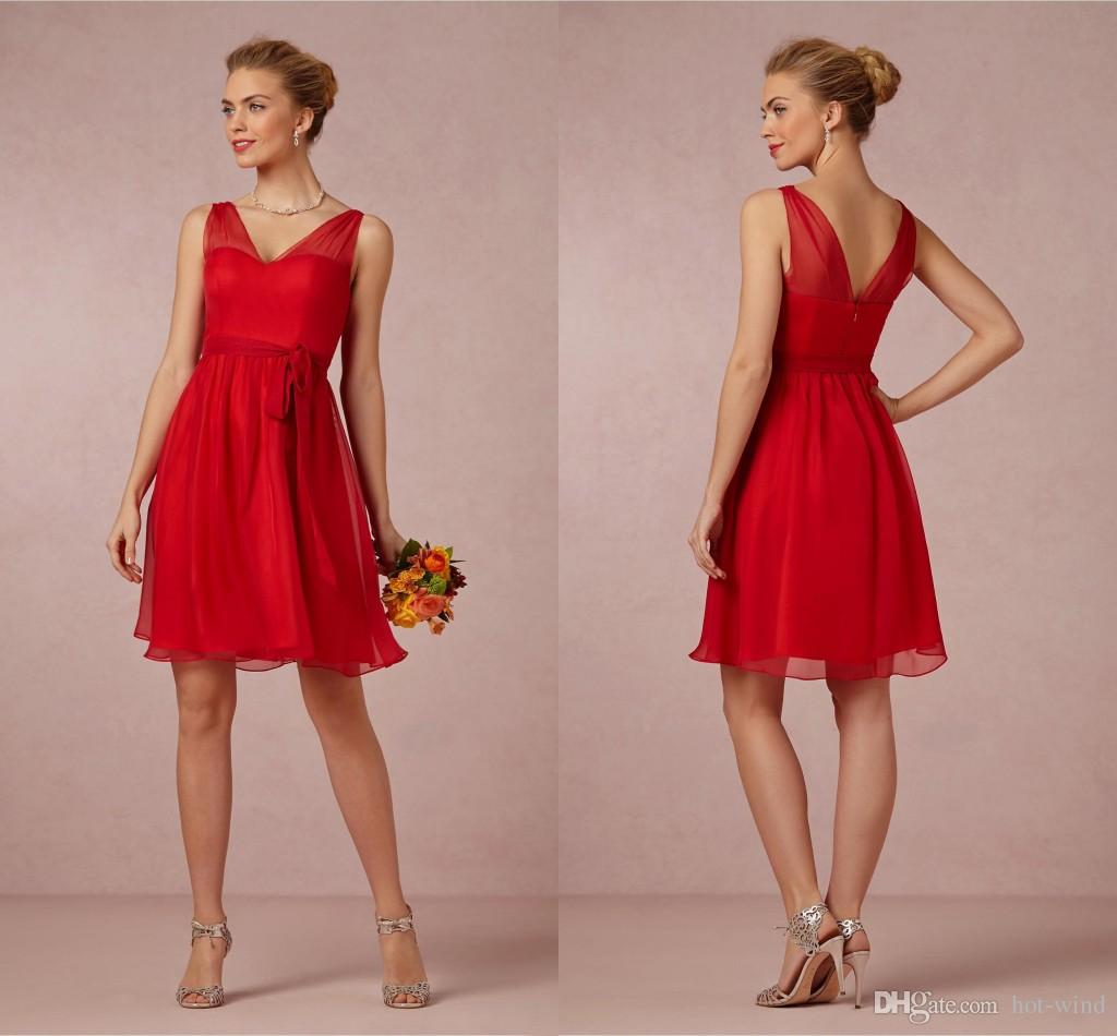 Red Cheap Short A Line Bridesmaid V Neck Chiffon Mini Tail Dresses Flowy Low Back Wedding Party Gowns For Gilrs